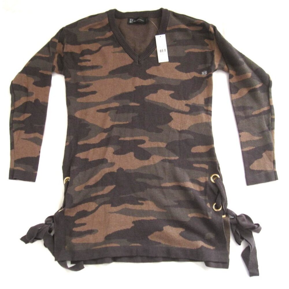 New New York Co Retro Mini Dress Women Camo V Neck Grommet Pullover Sz XS(WS92)
